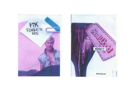 couverture et quatrième de couverture du zine. Sur la couverture il y a Ken du film Barbie (2023) sur fond rose avec le titre sur un papier blanc. Sur la quatrième un collage avec la question "Real World, where ?"